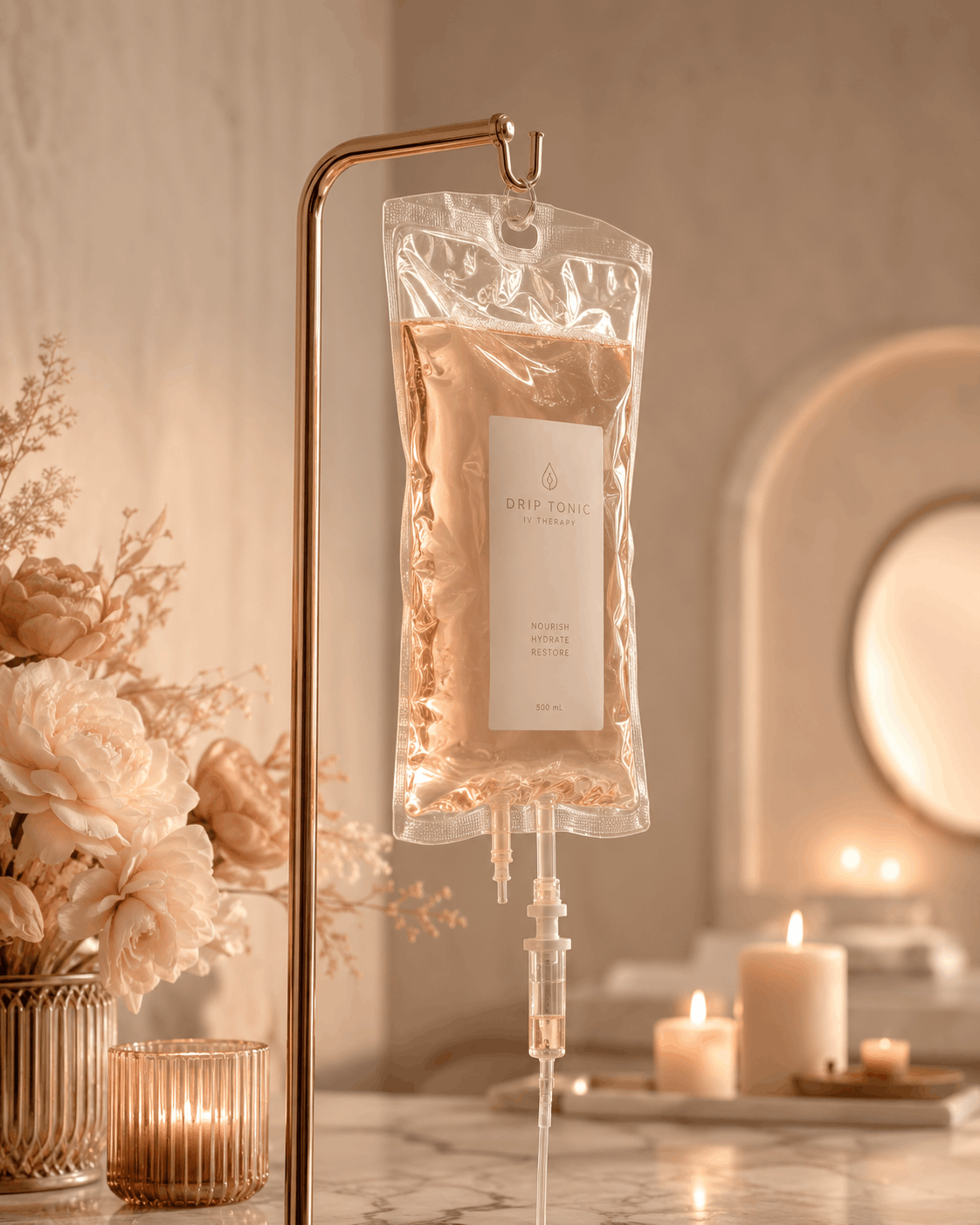 Glow & Revive IV bag hanging on a brass stand among florals and candles.